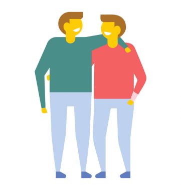 İki mutlu arkadaş veya Kardeşler birbirlerini düz vektör simge dışında yürüyüş etrafında kollarını 