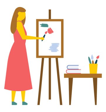 Onun Studio, düz vektör simge tuval üzerine resim bir kadın sanatçı 