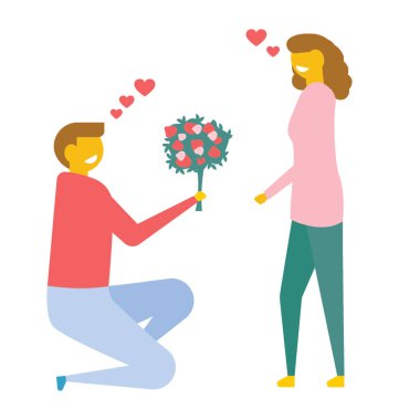 Diz kıza çiçek veren genç bir çocuk. Aşk teklifi kavramı, düz vektör simgesi 