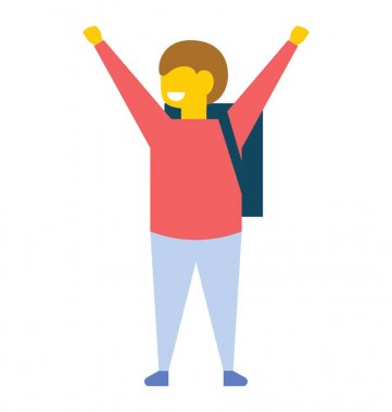 Okul çantası omuzlarında, düz vektör simge giyen onun ellerini yükselterek küçük bir okul çocuğu 