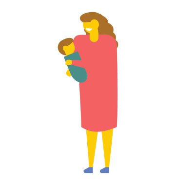 Onun yeni doğan bebek tutan genç bir anne düz vektör simgesi 