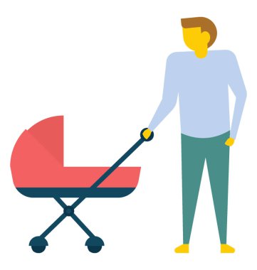 Bebek arabasındaki bebek, düz vektör simgesi ile yürüme baba