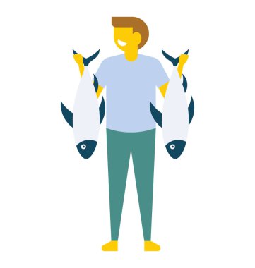 Holding eller, düz vektör simgesi iki taze balıkların genç adam 