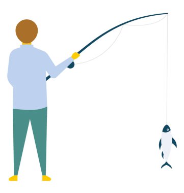 Genç bir adam çubuk, düz vektör simgesi ile bir balık yakalamak 