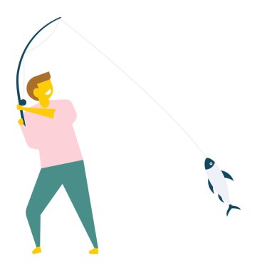 Bir balıkçı çubuk, düz vektör simgesi ile bir balık yakalamak 