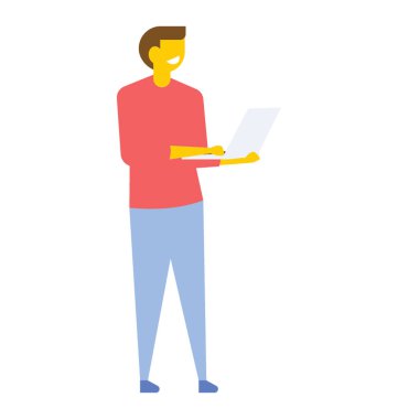 Laptop ile duran ve üzerinde çalışıyoruz, düz vektör simgesi bir ofis çalışanı 