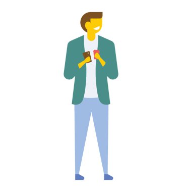 Mavi jeans ve ayakta ve seyir onun sol tarafında, düz vektör simge yeşil ceket giyen bir erkek gencin 