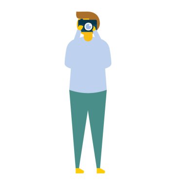 Fotoğrafçılık. Fotoğraf makinesi, düz vektör simge fotoğrafta adam ayakta 