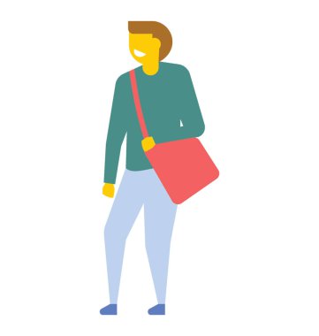 Erkek üniversite öğrencisi ile omuz çantası, düz vektör simgesi 