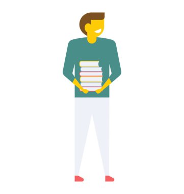 Genç bir erkek öğrenci tutan dizüstü bilgisayarlar veya kitap, düz vektör simgesi 