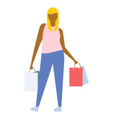 Genç sarışın Bayan ile alışveriş torbaları, düz vektör simgesi 