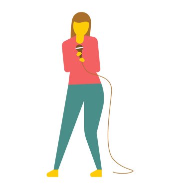 Genç kadının mikrofon, düz vektör simge şarkı 