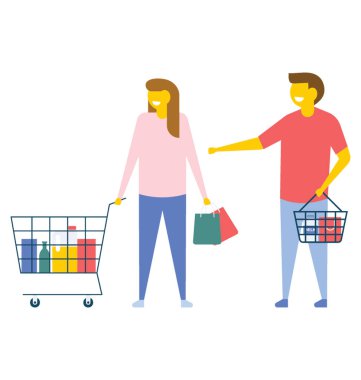 Çift kullanarak alışveriş alışveriş sepeti, vektör simge düz 