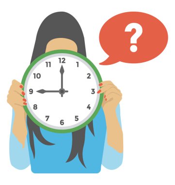 Duvar saati ve soru işareti sohbet kabarcık düz vektör simgesi tutan bir kız