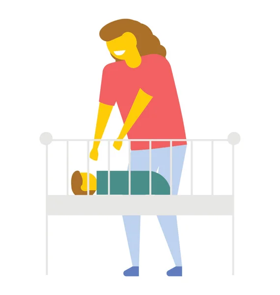 Mãe Olhando Para Bebê Deitado Berço Ícone Vetorial Plana —  Vetores de Stock
