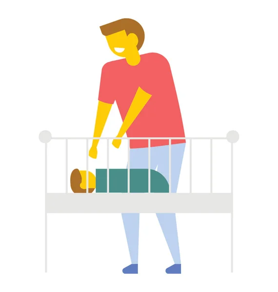 Cuidado Com Pais Pai Olhando Para Bebê Deitado Berço Ícone —  Vetores de Stock