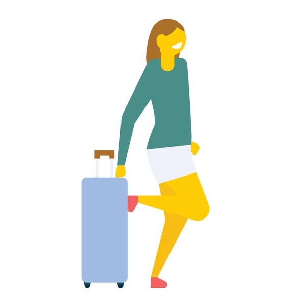 Young Female Ready Travel Posing Her Luggage Flat Vector Icon — Stock Vector