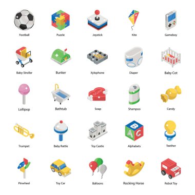 Bebek Oyuncağı Aksesuarları Isometric Simgeleri Paketi 