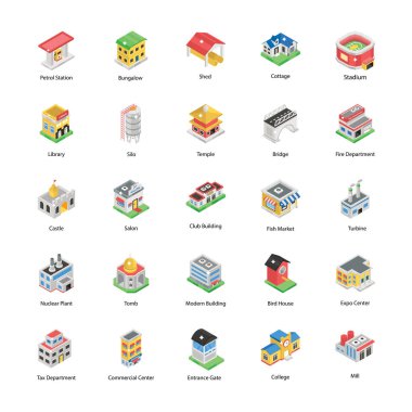 Isometric Vektörlerindeki Modern Binalar Paketi  