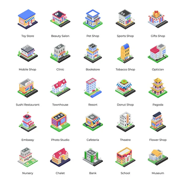 Pack Iconos Isométricos Edificios — Vector de stock