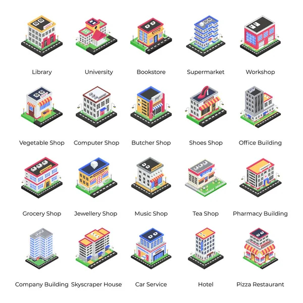 Estructura Del Edificio Iconos Isométricos Pack — Vector de stock