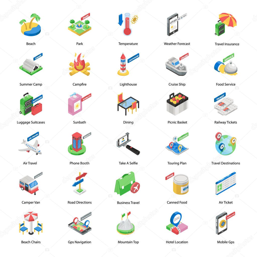 World Tour Accessories Isometric Icons Pack 