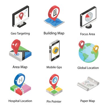 Konum İzleme Servisi Isometric Simgeleri Paketi 