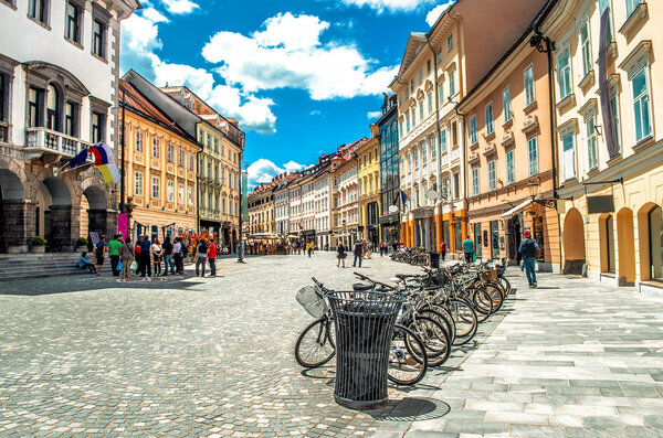 Lubiana, Slovenia - June 3, 2013: colorful street of Ljubljana during summer