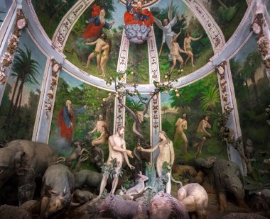 Sacro Monte di Varallo  Piedmont Italy terracotta biblical scene representation of Adam and Eve in the Eden clipart