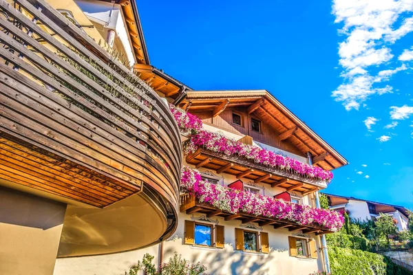 Modern mountain chalet mor çiçekler renkli tasarım Güney Tirol konaklama
