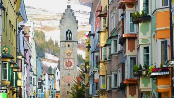 Colorful houses tower Vipiteno Trentino Alto Adige South Tyrol dolomite village — Stock Video