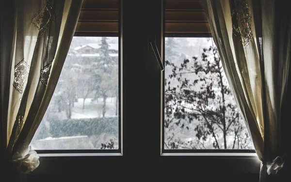 thermal insulation window save energy bills snow fall view winter dark window curtain stay home snowing outside