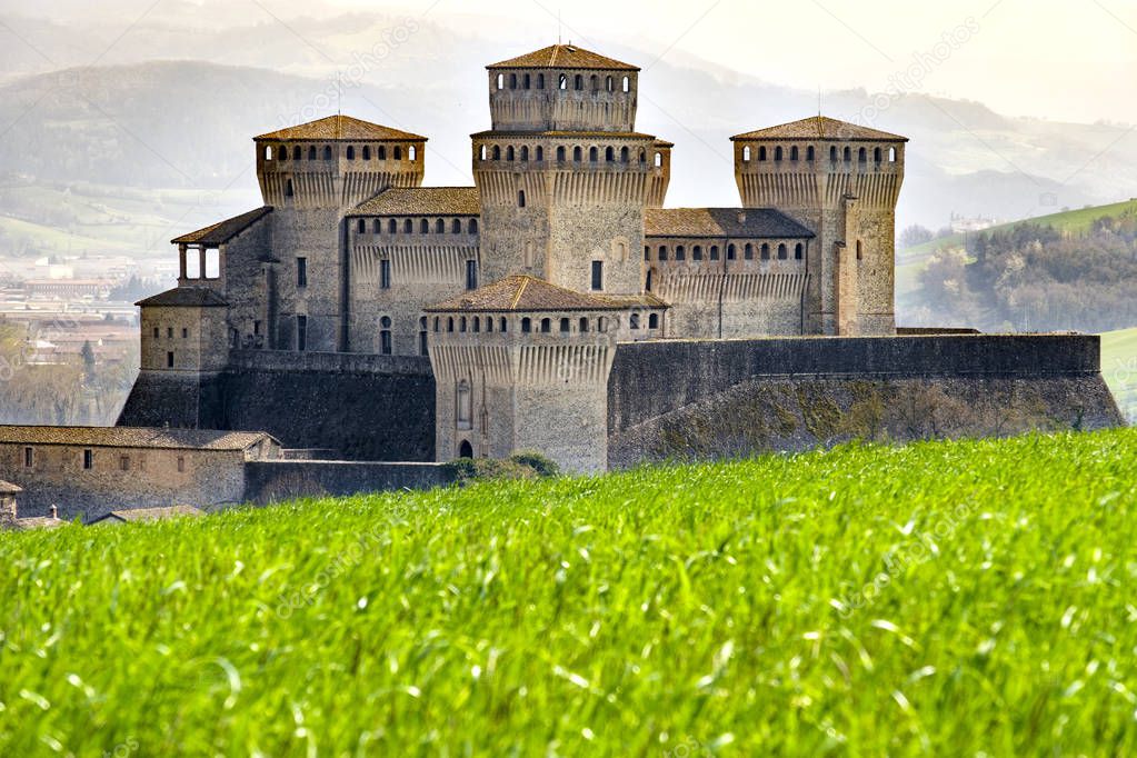 Parma - Italy - castle of Torrechiara meadow vale panorama - Emilia Romagna region