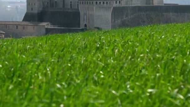 hrad Torrechiara v Parma, Itálie prostřednictvím větrno luční tráva panorama - regionu Emilia Romagna vertikální posouvání