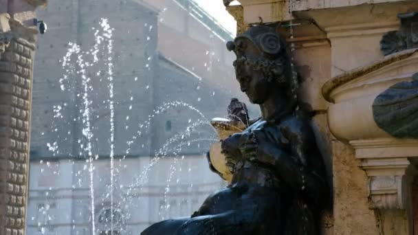 Bolonia monumento local de Emilia Romaña región de Italia detalle de la fuente de estatua de Neptuno o Fontana del Nettuno con chorros de agua de los pechos de las mujeres — Vídeos de Stock