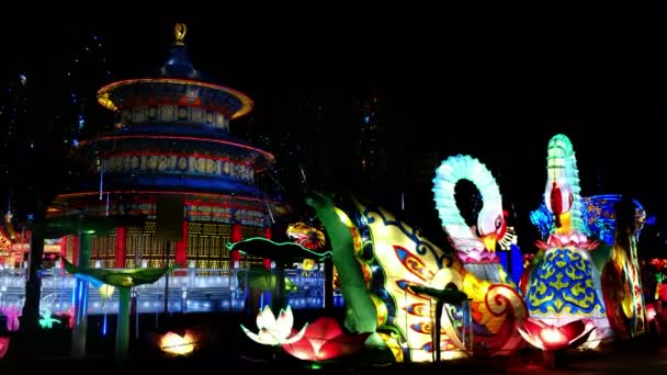 Kínai lámpás fesztivál - light art installációk kompozíciók megvilágított ad night pagoda és hattyúk és egy fényeső — Stock videók