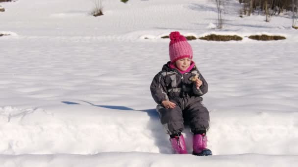 Linda niña en traje de nieve tienen merienda tomando descanso en caminata raquetas de nieve en nieve invierno campo — Vídeo de stock