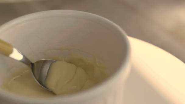 Maison fait maison mayonnaise classique cuillère à mayonnaise fond jaune vintage — Video