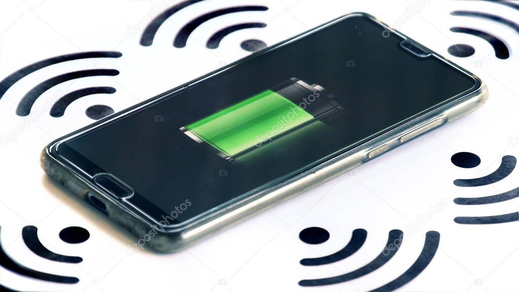 wi-fi charging phone charger horizontal with wireless symbols and battery icon background