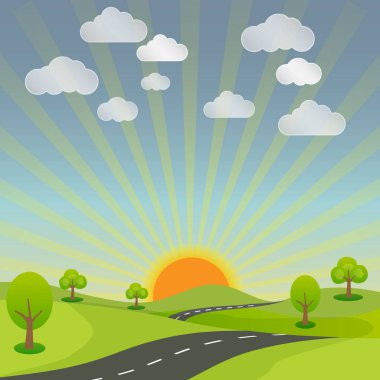 Yaz parlak kırsal manzara road, güneş ve gökyüzü doğa ile