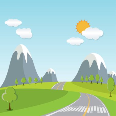 Bahar ya da yaz karikatür, yatay, ufka doğru giden yol iz