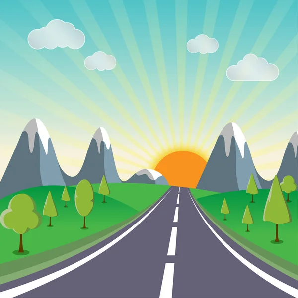 Güneş bahar manzara arka plan bir yol ile