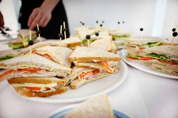 Prato com diferentes sanduíches deliciosos close-up — Fotografia de Stock