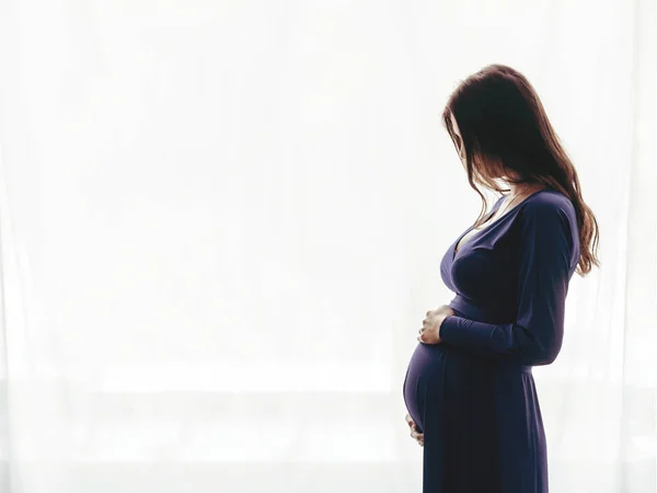 Wanita hamil berdiri melawan jendela — Stok Foto