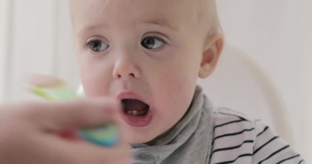 Madre alimentando a su bebé con una cuchara de cerca — Vídeo de stock