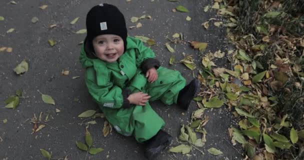 Höstlöv söt baby pojke sitter på marken — Stockvideo