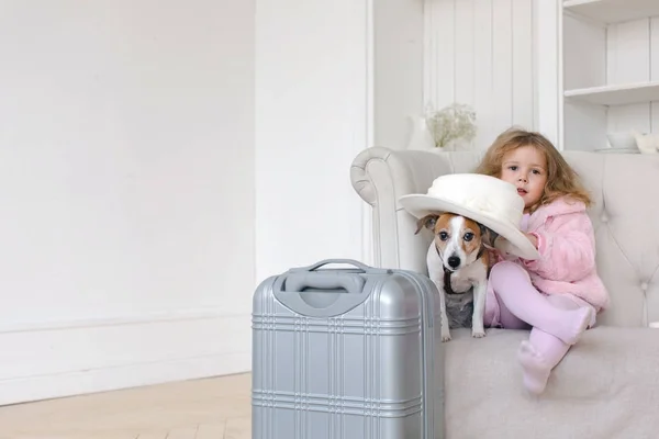 Uma menina com malas e um cão no interior — Fotografia de Stock