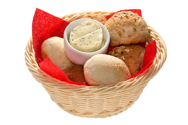 Minden fajta kenyér, egy elszigetelt kosár vaj — Stock Fotó