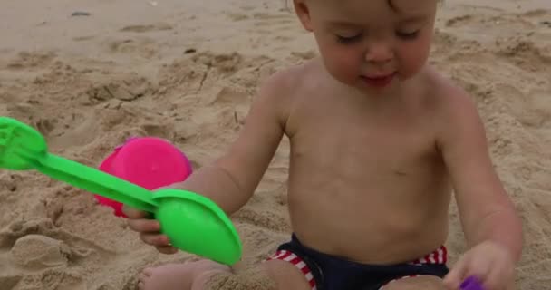 Cute baby boy playing with beach toys — Stock Video