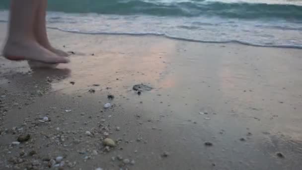 Vrouw hart tekenen in het zand van het strand — Stockvideo